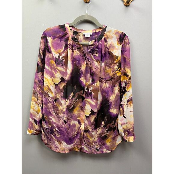 Liz Claiborne Blouse Womens Small‎ purple/tan sheer long sleeve button front - Picture 1 of 6